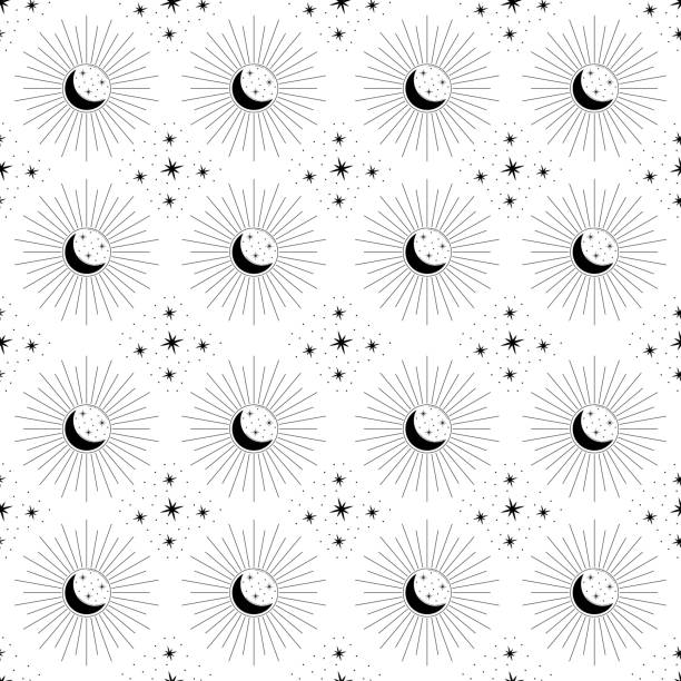 Vector celestial seamless pattern. Isolated linear blask and white cosmic elements. Sun, Moon and stars glyphs on white background vector art illustration