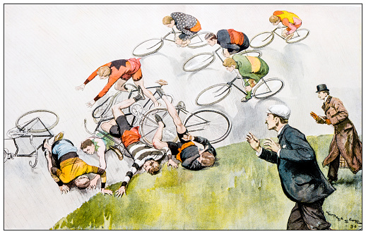 Antique image: Professional cyclist athletes velodrome crash
