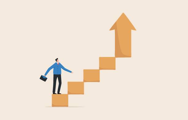 istock Career development or growth ladder to success. self-awareness and improvement. growing income or improve skill. Businessman steps up the ladder of success with an up arrow. 1431382505
