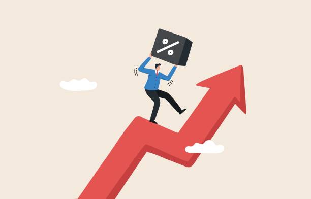 인플레이션의 증가로 인해 금리가 상승합니다. 높은 금리로 인한 부채 부담의 위험. 단기 채권에 투자하십시오. 사업가들은 베어링에 관심이 있습니다. 높은 차트를 걸어보세요. - snap finance stock illustrations