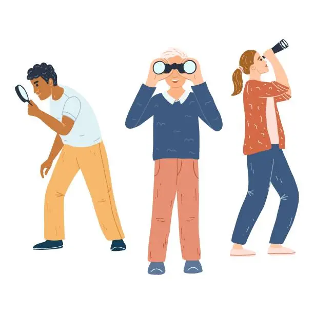 Vector illustration of Men and woman of multiracial team search vacancy with binoculars, magnifying glass. Diverse people looking, finding new work opportunities, vacancies, employment, career. Strategy concept, job search