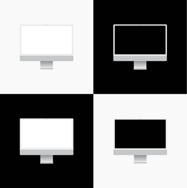 imac 모형과 유사한 흰색 데스크톱 컴퓨터 템플릿 - flat screen audio stock illustrations