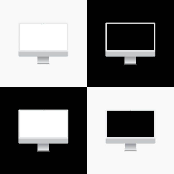 ilustrações de stock, clip art, desenhos animados e ícones de white desktop computer template similar to imac mockup - flat screen audio