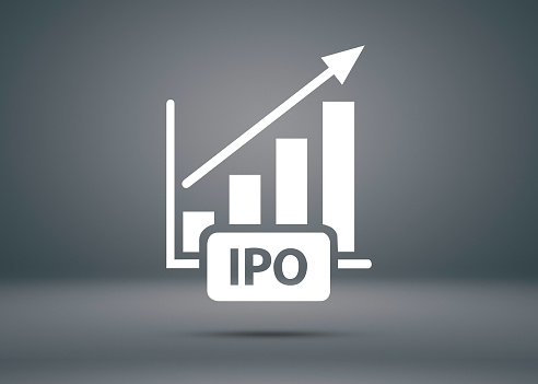ipo text with financial growth graph on the the grey background, trading, investment and business concept