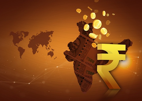 Indian rupee symbol with india map, , insurance, investment and trading background, 3d illustration