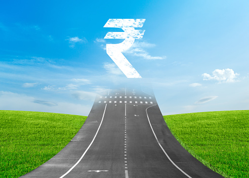 3d illustration of road going towards the rupee symbol, mockup design isolated with clouds on sky background
