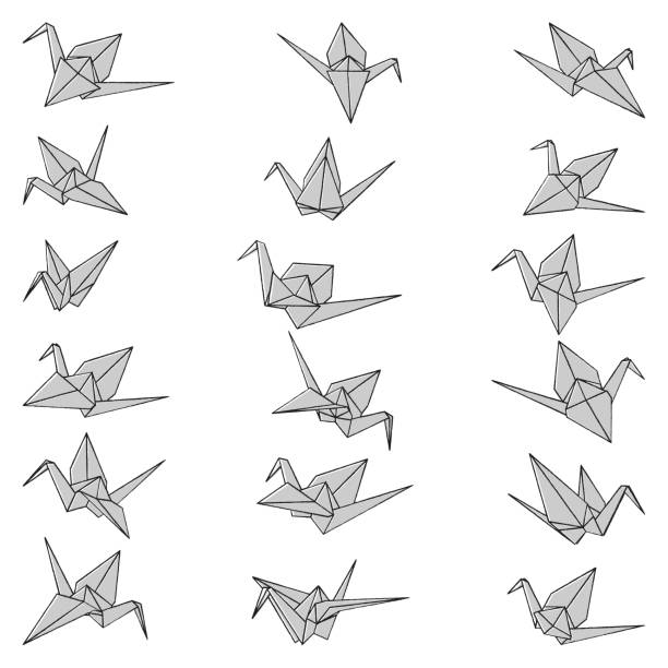istock Set of origami crane vector silhouette illustration icon isolated on white background. Japanese traditional origami crane for infographic, website or app. Geometric line shape for art of folded paper. 1431386053