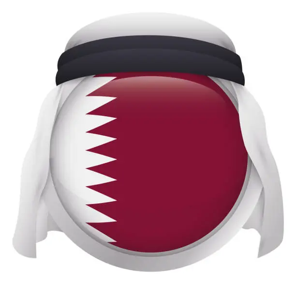 Vector illustration of Button decorated with Qatar flag, silver frame and keffiyeh, Vector illustration