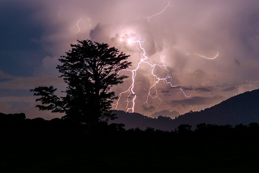 Thunderstorm in rural area in the middle of the night, natural area, force of mother nature in Guatemala.