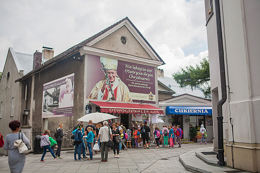 Wadowice, Poland - July 15, 2015 : View of a religious shop in old town Wadowice