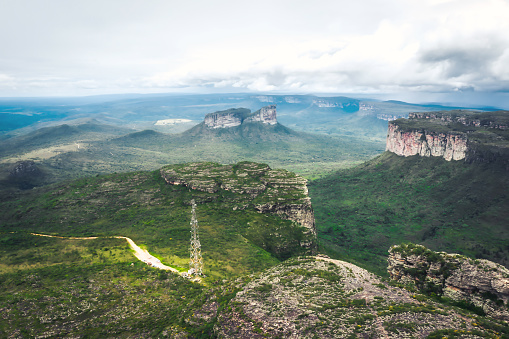 wide panoramic drone view over the hazy green highlands of Chapada Diamantina in Bahia, Brazil