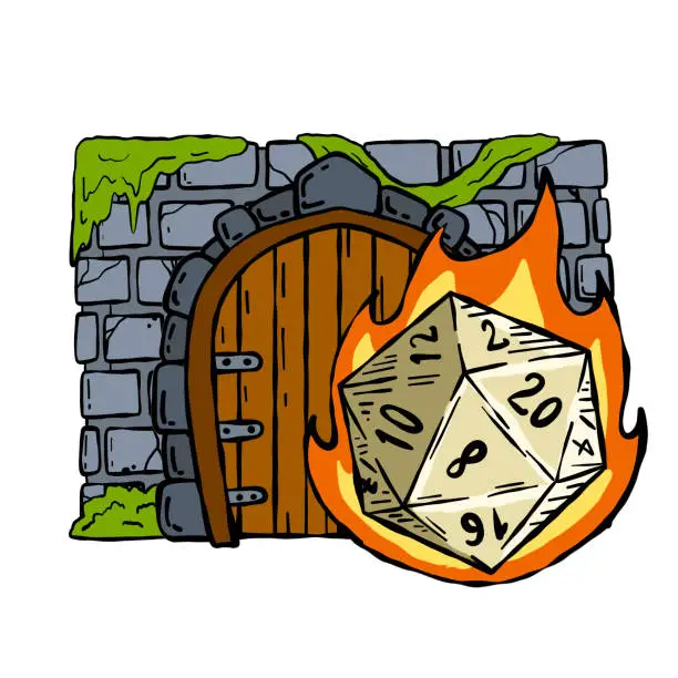 Vector illustration of Dungeon and dragons board game. 20 sided dice and entrance to castle.