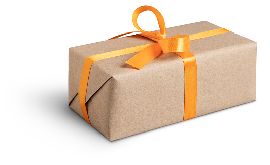 Gift box with orange ribbon on white. This file is cleaned, retouched and contains clipping path.