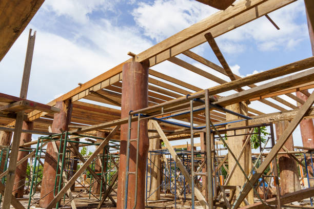 istock Scaffolding structure for the construction of a wooden house 1431401790