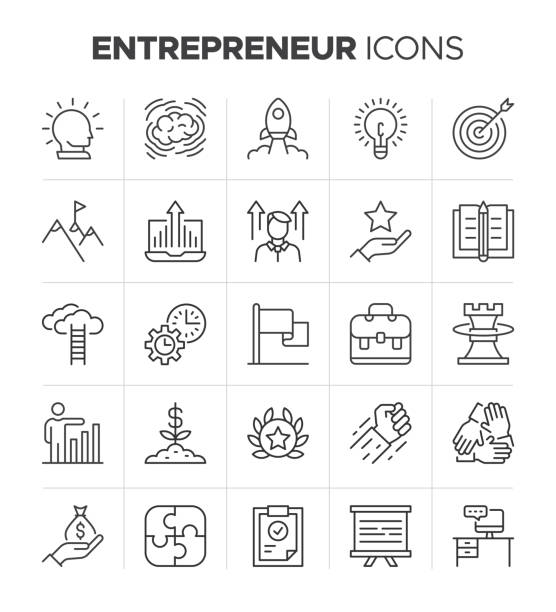 ilustrações, clipart, desenhos animados e ícones de conjunto de ícones do empreendedor. coleção de ícones de startup de negócios. ideia criativa, inovação, dinheiro, alvo, projeto de lançamento, foguete espacial e mais símbolo - internet start