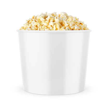 White blank popcorn bucket for placing your graphics. Packaging template mockup isolated on white background.