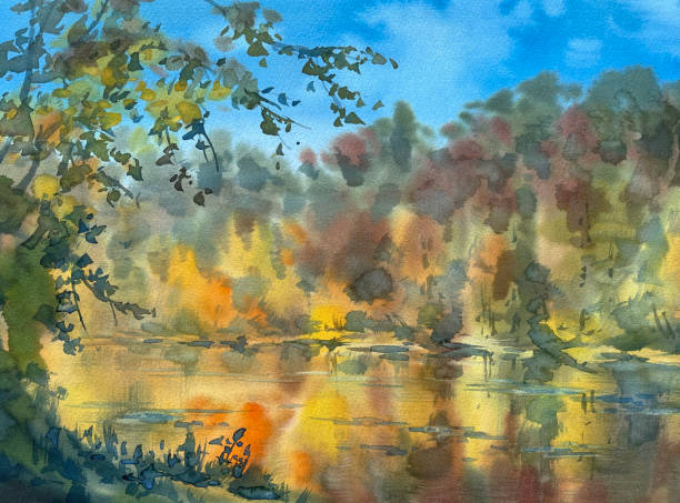 istock Morning landscape by the river watercolor background 1431412575