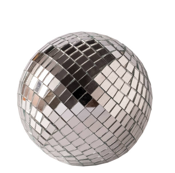 Mirror disco ball isolated on white background. Brilliant decoration, silver decor stock photo
