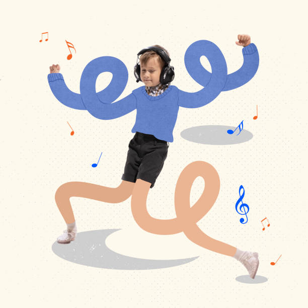 istock Contemporary art collage. Creative design with cheerful boy, child with long legs and hand listening to music and dancing 1431415559