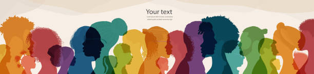 keberagaman orang kelompok. profil siluet pria wanita anak-anak remaja lanjut usia. berbagai orang dari berbagai usia. budaya yang berbeda. konsep kesetaraan rasial. masyarakat multikultural - foto-profil ilustrasi stok