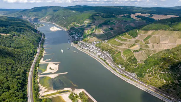 Panoramic aerial view over River Rhine and Assmannshausen, Germany - many sand banks and very low water level after a long period of drought.