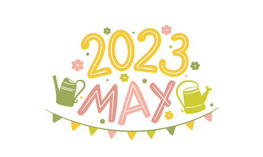 istock May 2023 logo with hand-drawn watering cans, flowers and garland. 1431420339