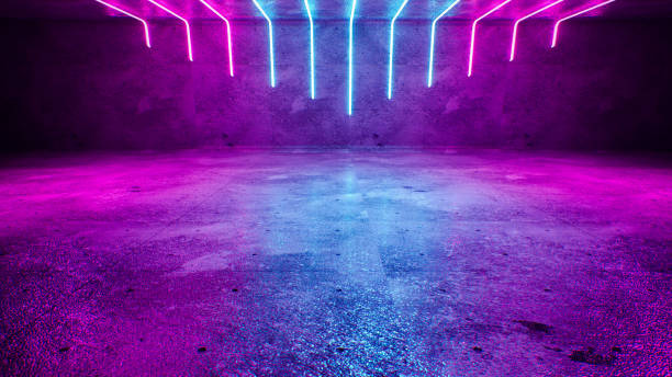 istock Futuristic Sci-Fi Modern Empty Stage Reflective Concrete Room With Blue And Purple Glowing Neon Tubes Shape Empty Space Wallpaper Background. 3D Rendering 1431420450