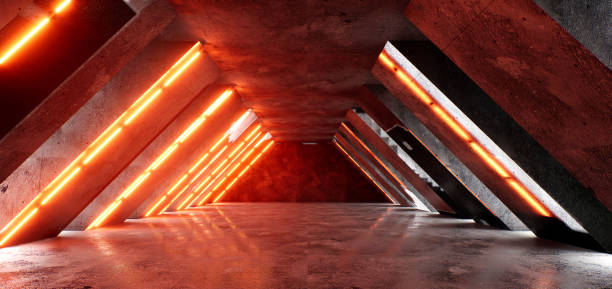 istock Sci-Fi neon glowing lamps in a dark corridor. Reflections on the floor and walls. Empty background in the center. 3d rendering image. Technology futuristic background. 1431420486
