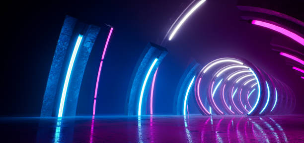 istock Sci-Fi neon glowing lamps in a dark corridor. Reflections on the floor and walls. Empty background in the center. 3d rendering image. Technology futuristic background. 1431420496