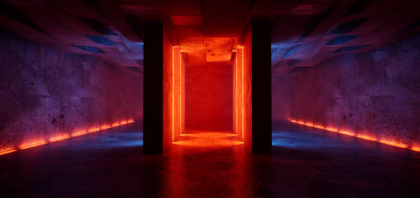 istock A empty corridor, an old brick wall, neon lights and lamps. Night view. Background of an empty show scene. 3D rendering 1431420507