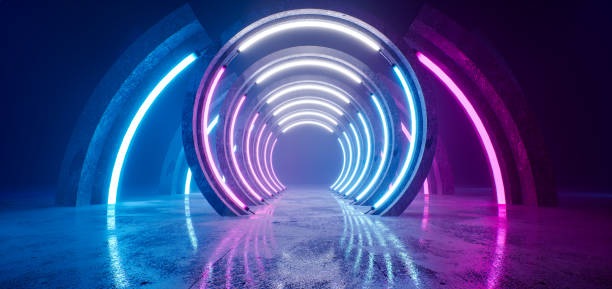 istock Colored blue and purple neon luminous circle shape on a black background. Blurred reflection on the floor. 3d rendering 1431420509