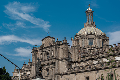 Drone shot view of Plaza and Santo Domingo Church, Quito, Ecuador