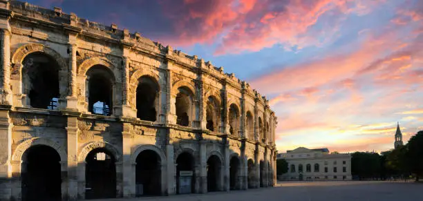 View of famous amphitheater in the morning, Nimes city , France