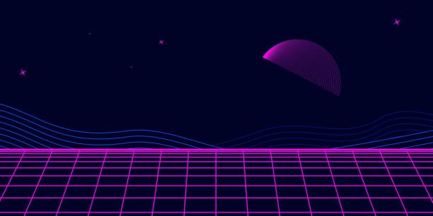 istock Retro background futuristic landscape 1980s style. Digital retro landscape cyber surface. 80s party background . Retro 80s fashion Sci-Fi Background. Digital Cyber Surface. 1431425146
