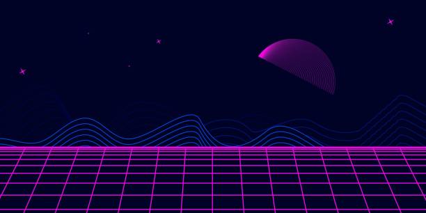 istock Retro background futuristic landscape 1980s style. Digital retro landscape cyber surface. 80s party background . Retro 80s fashion Sci-Fi Background. Digital Cyber Surface. 1431427193