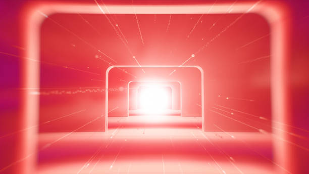 istock Flying forward in Soft Red Particle Rectangle futuristic Tunnel 1431428938