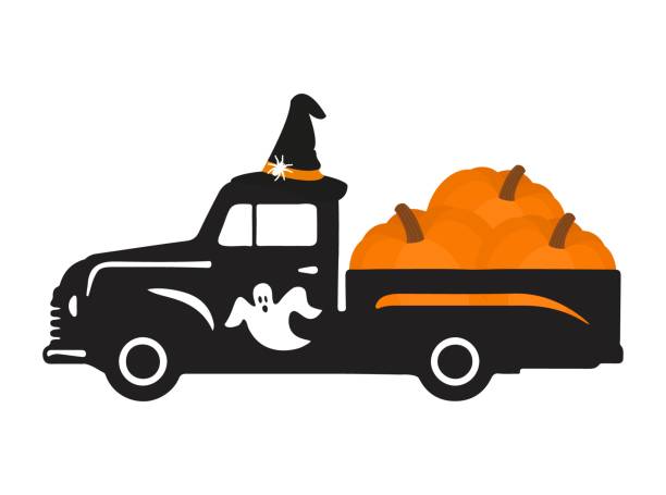 istock Halloween truck silhouette with orange pumpkin 1431429159