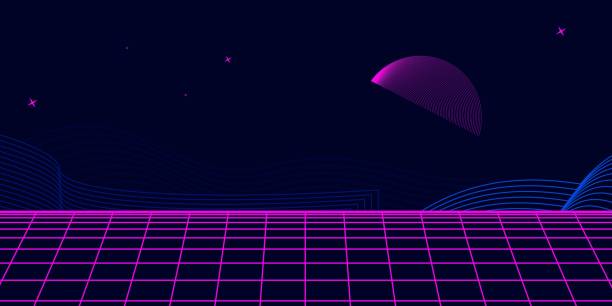 istock Retro background futuristic landscape 1980s style. Digital retro landscape cyber surface. 80s party background . Retro 80s fashion Sci-Fi Background. Digital Cyber Surface. 1431429984