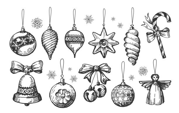 ilustraciones, imágenes clip art, dibujos animados e iconos de stock de colección retro de adornos navideños y bolas. conjunto de elementos navideños vintage. ilustración vectorial de boceto dibujada a mano - stick of hard candy hanging decoration christmas decoration