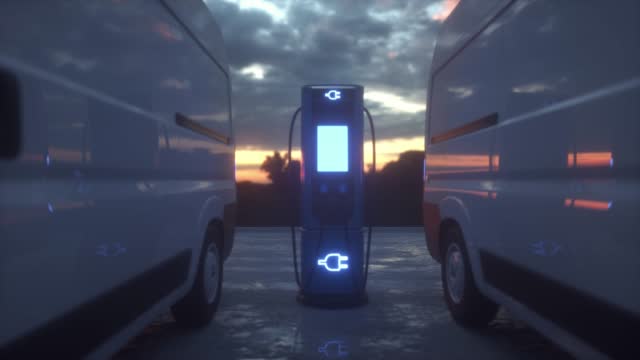Electric car charging. Modern electric delivery van is charged at the charging station