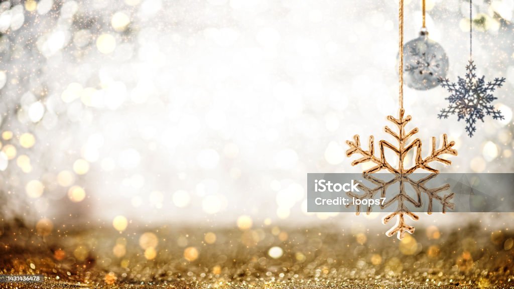 Christmas Ornaments against Glittery Background Christmas Background with Copy Space Christmas Stock Photo