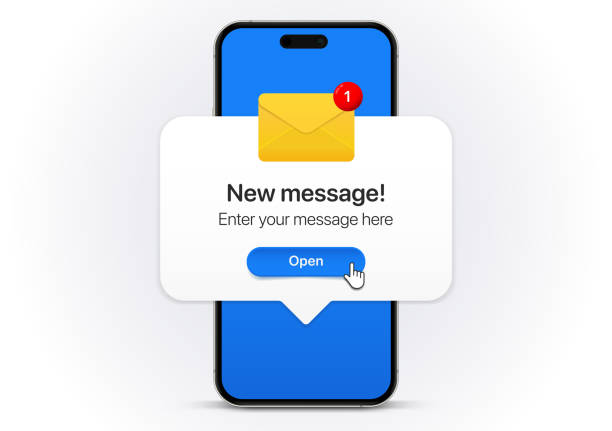 リアルなスマートフォンモックアップの新しいメッセージ通知コンセプト。新しいメールがポップアップ表示されます。受信、オープン メッセージング。チャット、メール、ポスト、レター - inbox点のイラスト素材／クリップアート素材／マンガ素材／アイコン素材