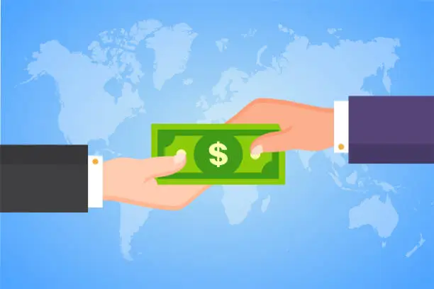 Vector illustration of Buying and selling, two hand exchange with a dollar banknote.