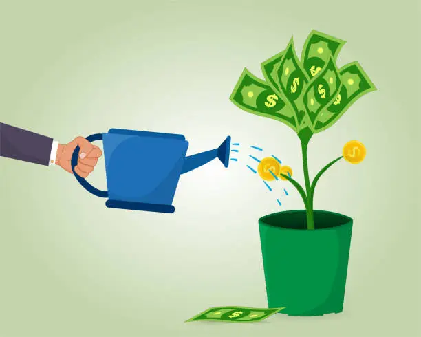 Vector illustration of Investment, money banknote and coin grows in a pot.