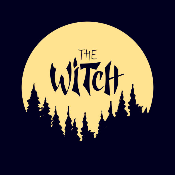 The witch The witch lettering. Vector Halloween. Illustration for banner poster design. Dark  blue letters on the yellow moon and dark blue background with fir trees, greeting card gift design. party lettering. cursive letters tattoos silhouette stock illustrations