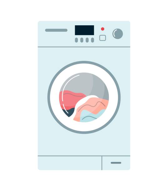 máy giặt chất đầy quần áo. khái niệm về giặt khăn trải giường. dịch vụ giặt là. flat vector minh họa trên nền cô lập màu trắng. - máy giặt hình minh họa sẵn có