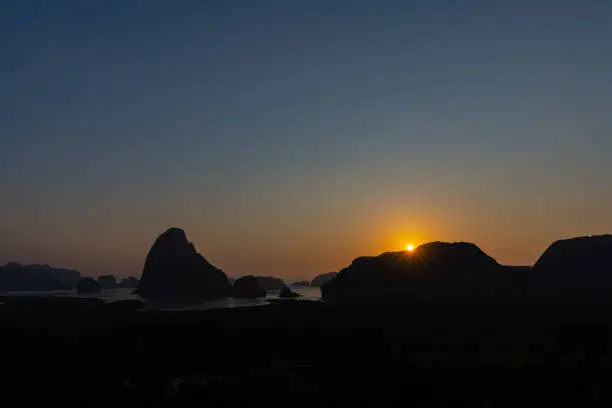 Photo of Samet Nangshe viewpoint during the sunrise, popular destination for tourist in Phang nga, southern of Thailand