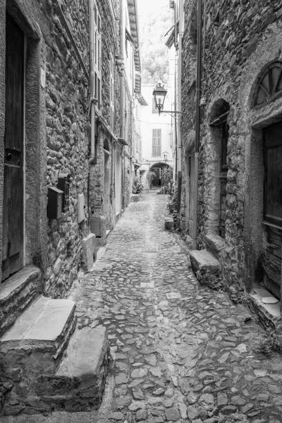 Buggio, Liguria, Northen Italy: old alley. Black and white photo stock photo