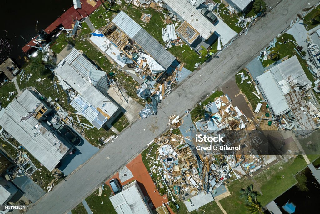Hurricane Ian destroyed homes in Florida residential area. Natural disaster and its consequences Hurricane Ian destroyed homes in Florida residential area. Natural disaster and its consequences. Hurricane Ian Stock Photo