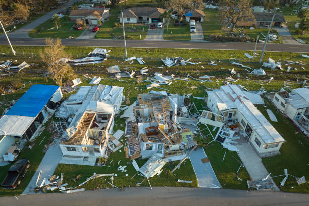 hurricane ian destroyed homes in florida residential area. natural disaster and its consequences - tornado imagens e fotografias de stock